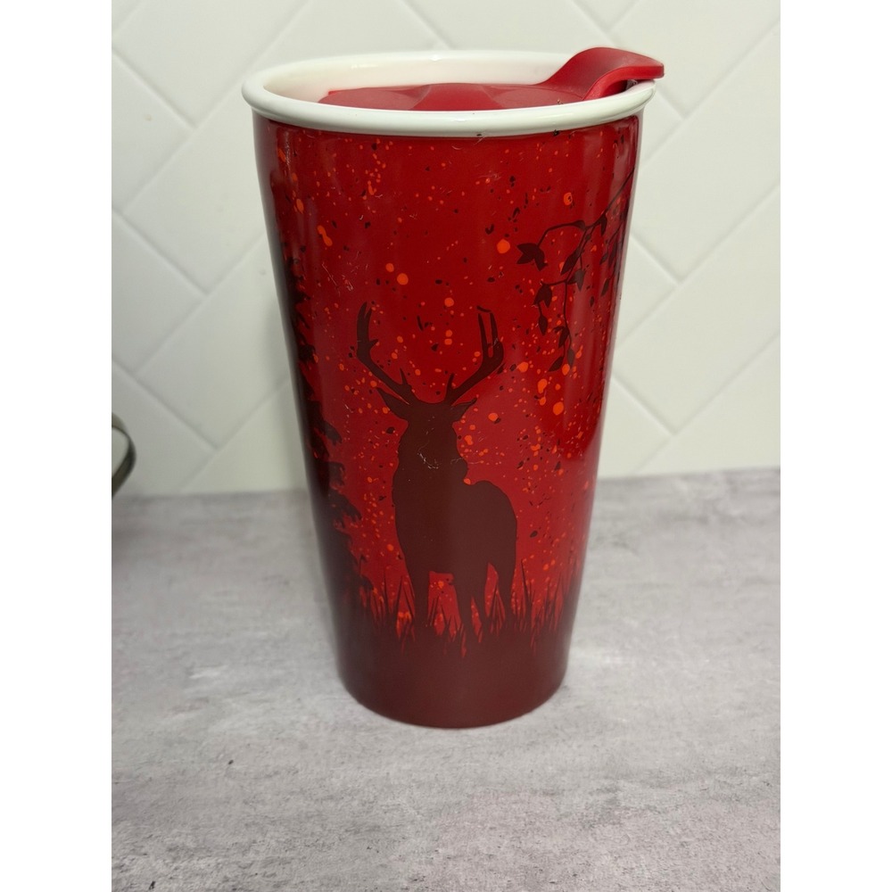 Tim Hortons 2017 Red Deer Stag Silhouette Ceramic Travel Mug with Lid 6.25 Inch